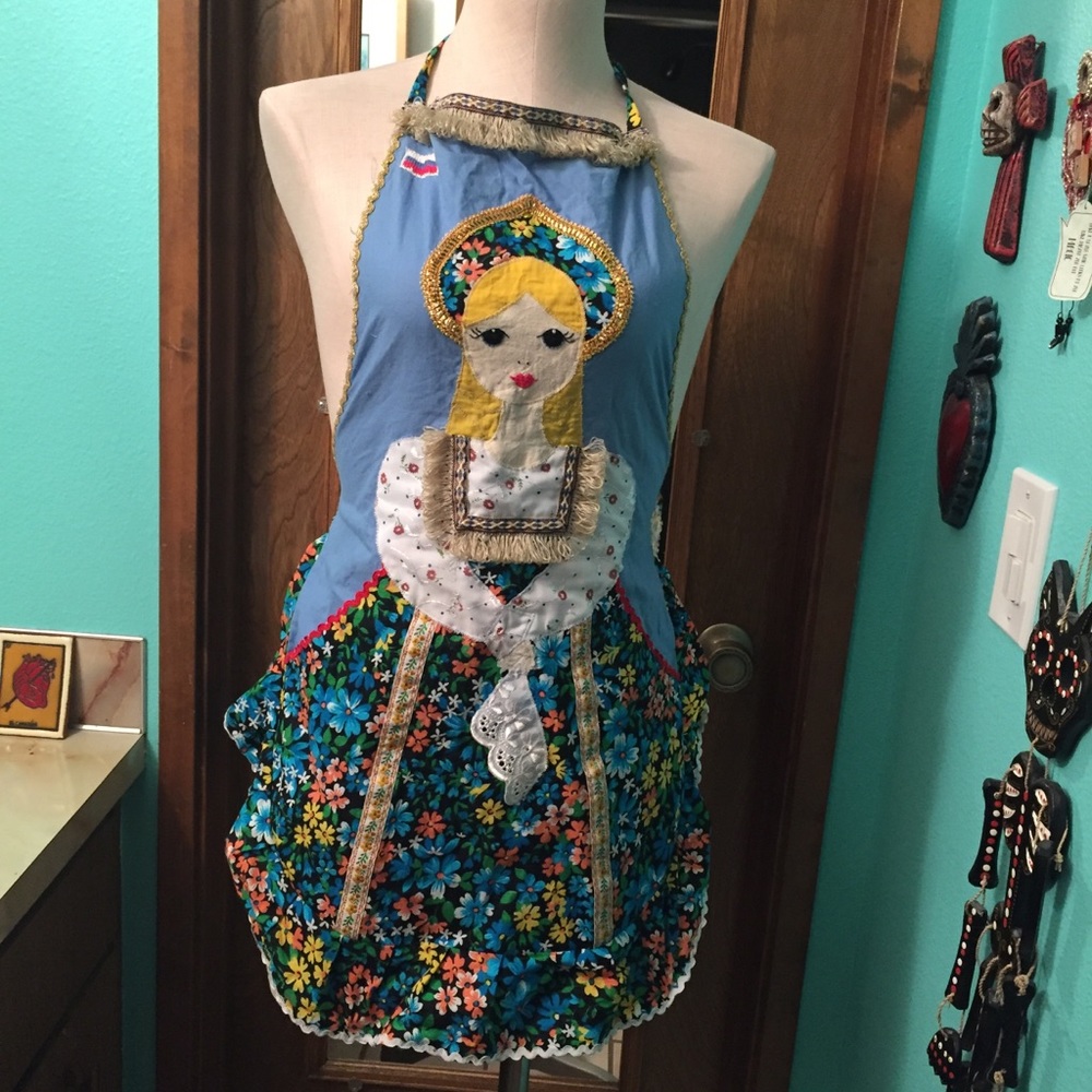 Russian Handmade Blue Floral Doll-Applique Kitchen Apron